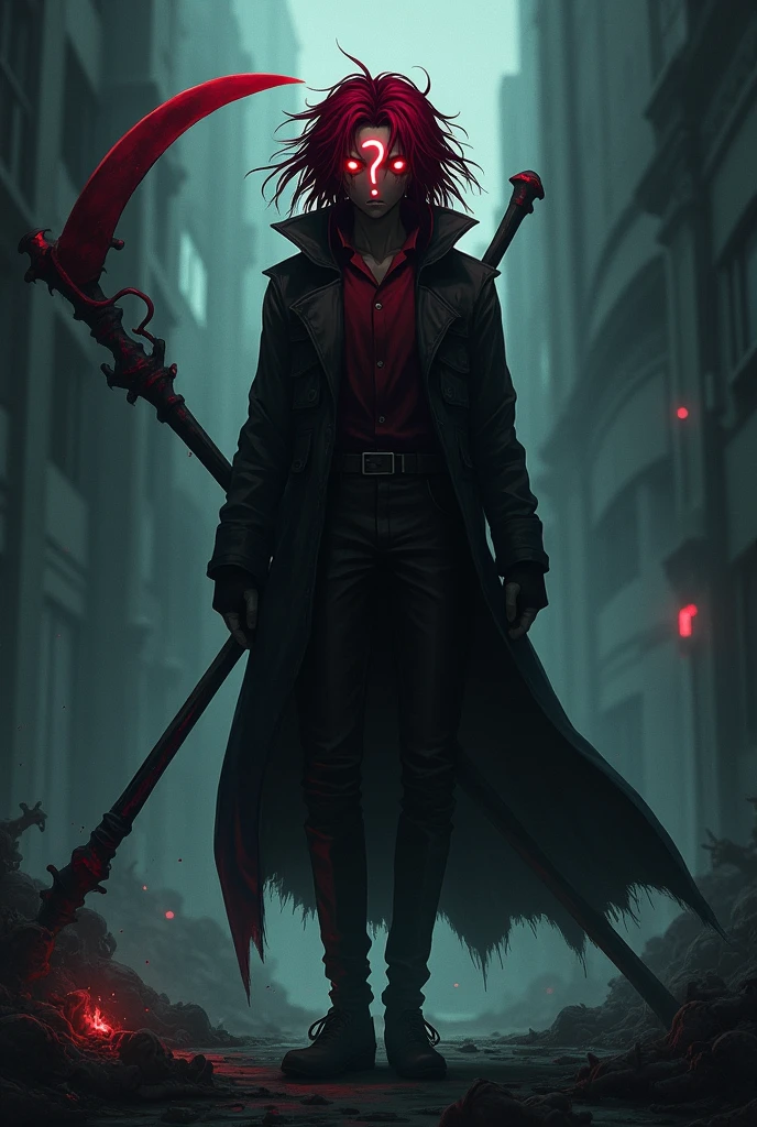anime character with dark red hair and investigator clothes and a mask with a question mark with glowing eyes and terror with a scythe and helplessness who is an adult and has destroyed bodies inside and who has the hair of a naked Japanese