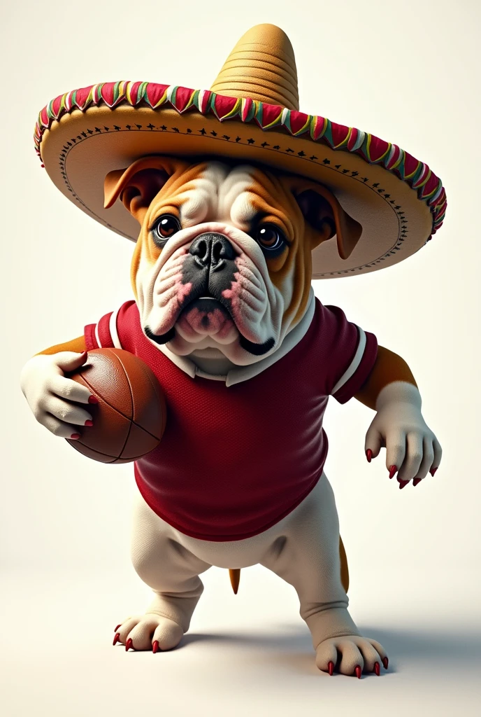 Bulldog playing football dressed for fiesta with sombrero with a maroon and white jersey no background