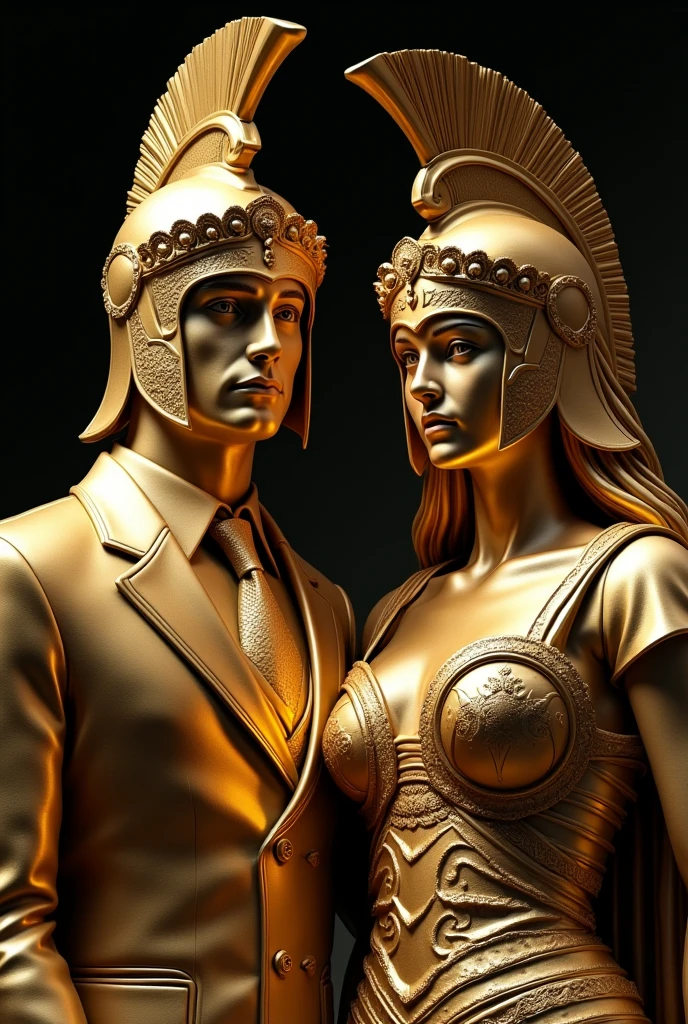 Gold statue of a man and women age 2, wearing formal suit and dress and wearing spartans helmet, black background, high quality, 4k resolution, intricate detailed