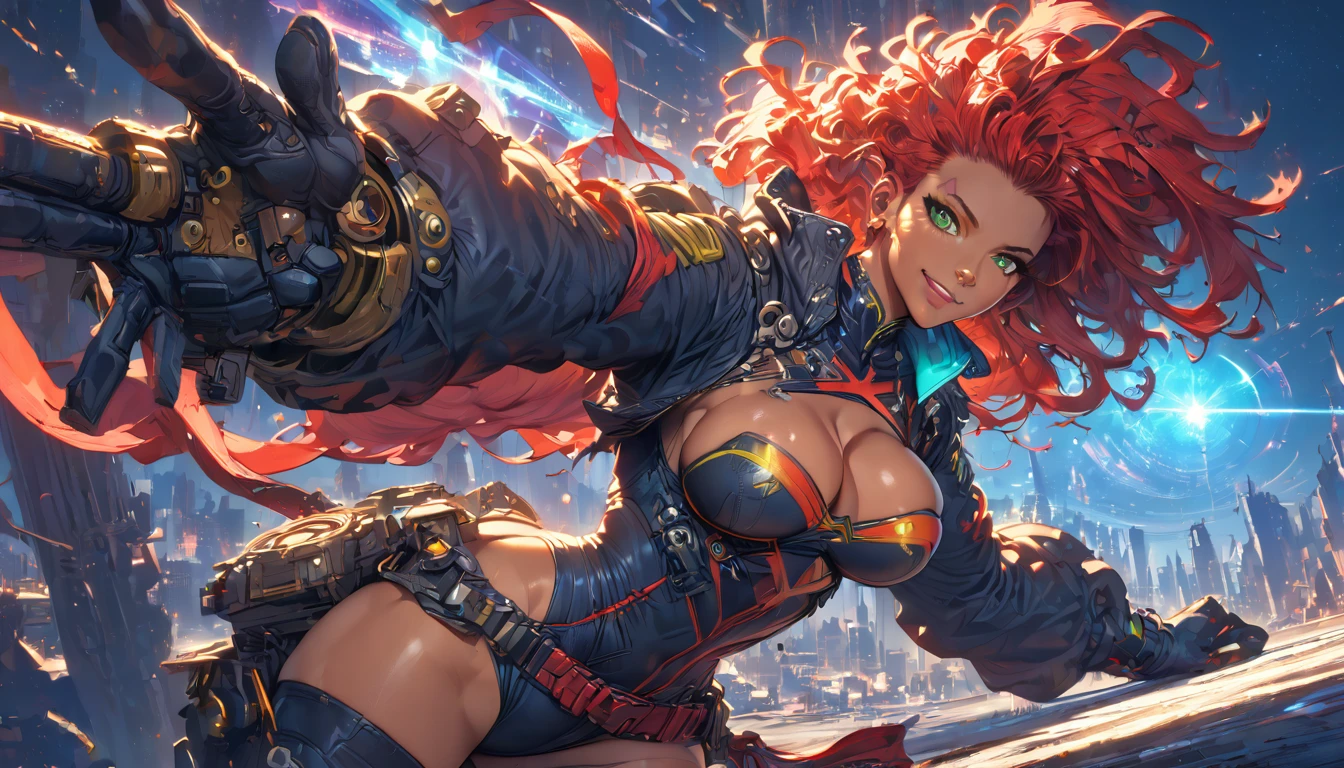 best quality,4k,8k,highres,masterpiece:1.2),ultra-detailed, extremely detailed eyes, extremely detailed body, (large masterpiece digital art), (detailed manga illustration), (detailed line art), ((perfect anatomy)), (intricate details:1.3), (ultra-detailed:1.3), (illustration:1.3), (sharp focus:1.3), (natural lighting:1.05), (vivid colors:1.3), (masterpiece), (best quality:1.4), (perfect anatomy:1.4), high quality, expressive eyes, full body, detailed face, beautiful face, perfect face, 1 girl, breasts, cleavage, gloves, large breasts, cyberpunk clothes, jacket, black jacket, very long hair, thigh length hair, ({dark skin}), dark-skinned female ,detailed ((red hair)), messy hair, green eyes, hourglass physique, bodysuit, ultramarine bodysuit, sleeveless, shorts, thick thighs, toned, captain marvel emblem, emblem, superhero, dynamic lighting, cinematic lighting, dynamic heroic pose, smiling, outer space background, curvy, Atey Ghailan, Jeremy Mann, Greg Manchess, Antonio Moro, trend in ArtStation, trend in CGSociety, Intricate, High Detail, Sharp focus, dramatic and photorealistic painting art by Midjourney and Greg Rutkowski, Jeff Bridges, ((cartoon style)), Marvel Cinematic Universe style
