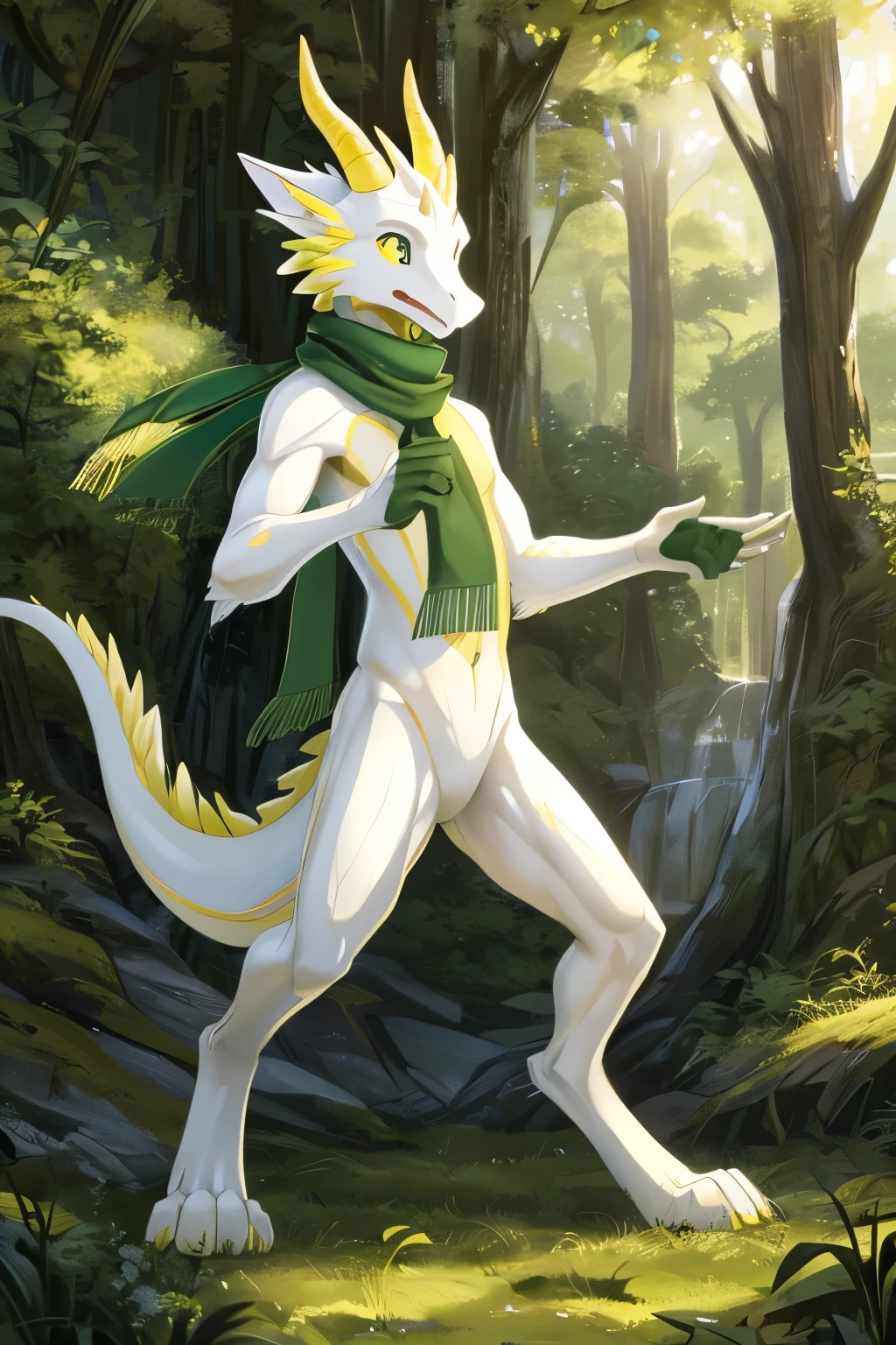(anime), (front facing), (looking at its own hand in shock), slim furry white dragon looking at its hand surprised, surprised expression, secondary body color, ((dark green, green and yellow undertones), smooth skin, very long muzzle, neck and tail fur, digitigrade, creative horns, feathers, (wearing only a scarf), nature background, full body