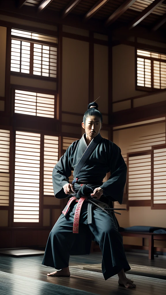 A dramatic image of Yagyu Munenori, the legendary samurai and swordsman, in mid-action, practicing his swordsmanship. Munenori is wearing a dark, flowing hakama and a plain kimono, with a katana gripped firmly in his hands. His hair is tied back in a traditional samurai style, and his expression is focused, exuding calmness and precision. The setting is a traditional dojo, with wooden floors and walls lined with calligraphy scrolls. Sunlight filters through paper windows, creating an atmosphere of disciplined training. His stance is low and balanced, demonstrating his mastery of martial arts.