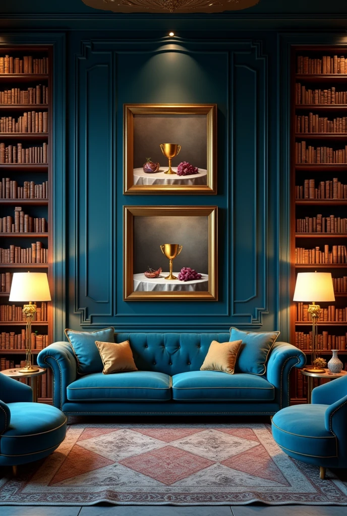 The room was an architectural
contradiction. The blue velvet couch
and the assortment of armchairs
looked like splashes of dark, deep
sea water, the floor lamps like big
yellow halos of light. The lines of
dark wooden bookshelves leaning
against the wall hinted more at a
literature professor's workplace. As if all this was set for some sort of high-brow movie that might have been a blend of futuristic art and a flashback to the 1900s. The three still life pictures on the wall which are opposite to the couch depicted parts of a well-laid table whose details I was pretty familiar with by this point in time. Together with the golden goblet of wine, the ripe bunch of grapes gave it an air of
decadence.