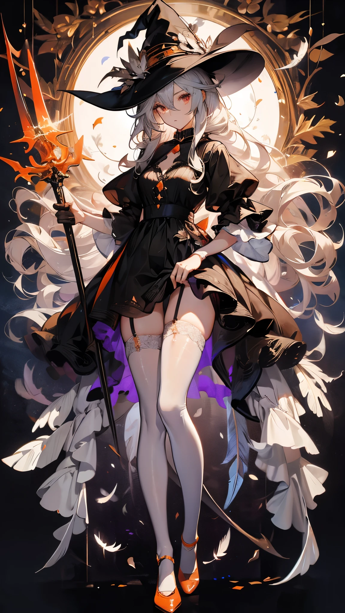 Perfect quality，Perfect body proportions，Long legs，Temperamental elder sister，Halloween，Witch Hat，Holding a staff，whole body，Long curly hair，Standing picture，White，feather，Leaves，Petals falling，sexly, See-through pantyhose，Fishnet stockings，transparent