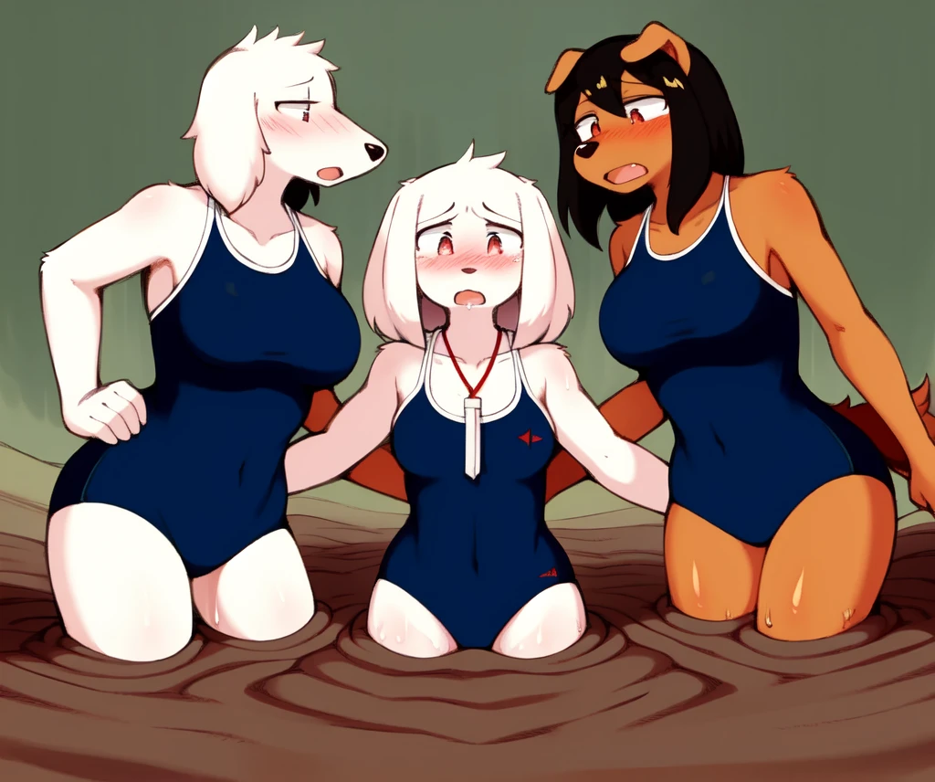 furry, anthro female,  best quality, HD, full body, sexy breasts, borzoi girl, cocker spaniel girl, old school swimsuit, swimsuit, wet, blush, 5girls, 5girls holding hands, group peril, multiple girls, 5girls together, hair, 5girls upper body 5girls in quicksand, hair, tentacles pit, dripping, hair, group, multiple girls, open mouth, masterpiece, wamudraws, sad, one-piece swimsuit, quicksand, sinking, 5 girls in quicksand, scream, peril, hands up, gurgling, drowning, orgasm, challenge, lying, on back, group lying, group sinking, school swimsuit, panic, peril, swimsuit, one-piece swimsuit, school swimsuit, old school swimsuit, blue one-piece swimsuit, name tag, group peril, snuff, T405, standing