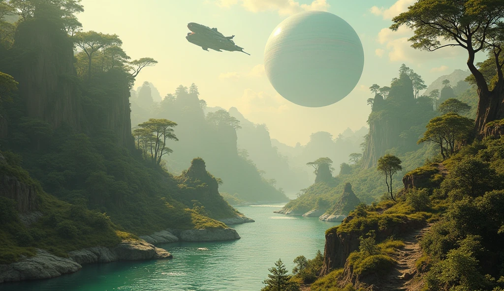 SPACESHIP FLYING LOW Isometric perspective view. Immerse yourself in a paradise world, enlightened and rich, where the purity of the air and the cleanliness of the environment create an atmosphere of unparalleled serenity. A large nearby planet adorns the crystal-clear sky, complementing the natural beauty of the landscape. Majestic waterfalls flow constantly, serving as the heart of this paradise. The inhabitants of this world, beings similar to humans but more beautiful, tall and elegant in their walk, They live in perfect harmony with nature. Their R Style homes. h. Giger, They are mega futuristic, They are perfectly integrated into the natural environment, merging with the flora and fauna that surrounds them. the sun shines brightly, making the waters sparkle with an almost magical glow. The temperature is ideal, further beautifying the air, while the inhabitants of this place enjoy an eternal and happy existence. The film presents an intricate and harmonious landscape, Captured in a hyper-realistic high-resolution image at 8K. every detail, from artifacts to natural elements, It is highly defined and focused, revealing the perfection of this alien paradise. The cinematography uses a superior wide-angle lens with the maximum possible aperture., allowing every aspect of the scene to be captured with stunning clarity and depth. The lighting is carefully designed in a professional film studio, ensuring that every corner of the stage shines with an ethereal light that enhances the beauty and peace of this world.. "Eternal Harmony" It is a visual journey to an alien paradise, a place where the perfection of nature and the harmony of its inhabitants create a world that seems to be out of time. This idyllic setting invites us to reflect on the beauty of a life lived in harmony with the environment., a reminder of what can be achieved when technology and nature
