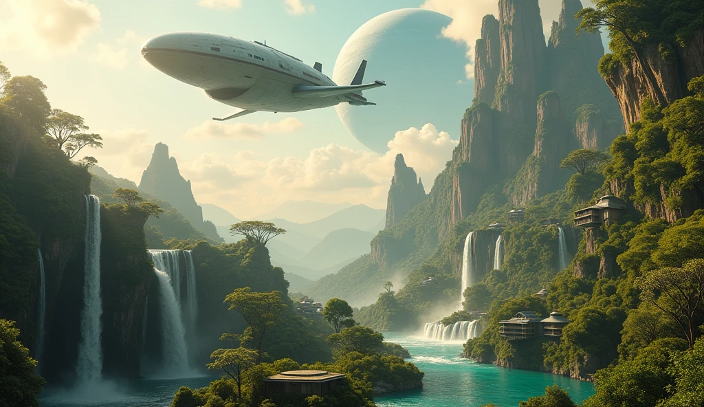 SPACESHIP FLYING LOW Isometric perspective view. Immerse yourself in a paradise world, enlightened and rich, where the purity of the air and the cleanliness of the environment create an atmosphere of unparalleled serenity. A large nearby planet adorns the crystal-clear sky, complementing the natural beauty of the landscape. Majestic waterfalls flow constantly, serving as the heart of this paradise. The inhabitants of this world, beings similar to humans but more beautiful, tall and elegant in their walk, They live in perfect harmony with nature. Their R Style homes. h. Giger, They are mega futuristic, They are perfectly integrated into the natural environment, merging with the flora and fauna that surrounds them. the sun shines brightly, making the waters sparkle with an almost magical glow. The temperature is ideal, further beautifying the air, while the inhabitants of this place enjoy an eternal and happy existence. The film presents an intricate and harmonious landscape, Captured in a hyper-realistic high-resolution image at 8K. every detail, from artifacts to natural elements, It is highly defined and focused, revealing the perfection of this alien paradise. The cinematography uses a superior wide-angle lens with the maximum possible aperture., allowing every aspect of the scene to be captured with stunning clarity and depth. The lighting is carefully designed in a professional film studio, ensuring that every corner of the stage shines with an ethereal light that enhances the beauty and peace of this world.. "Eternal Harmony" It is a visual journey to an alien paradise, a place where the perfection of nature and the harmony of its inhabitants create a world that seems to be out of time. This idyllic setting invites us to reflect on the beauty of a life lived in harmony with the environment., a reminder of what can be achieved when technology and nature
