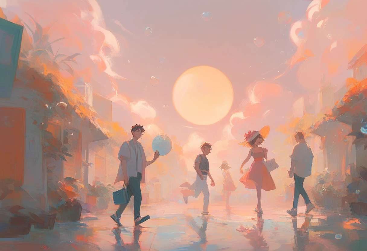 2 boys, adults, holing hand, walking, bubble, many bubble, sun set, hands up, street