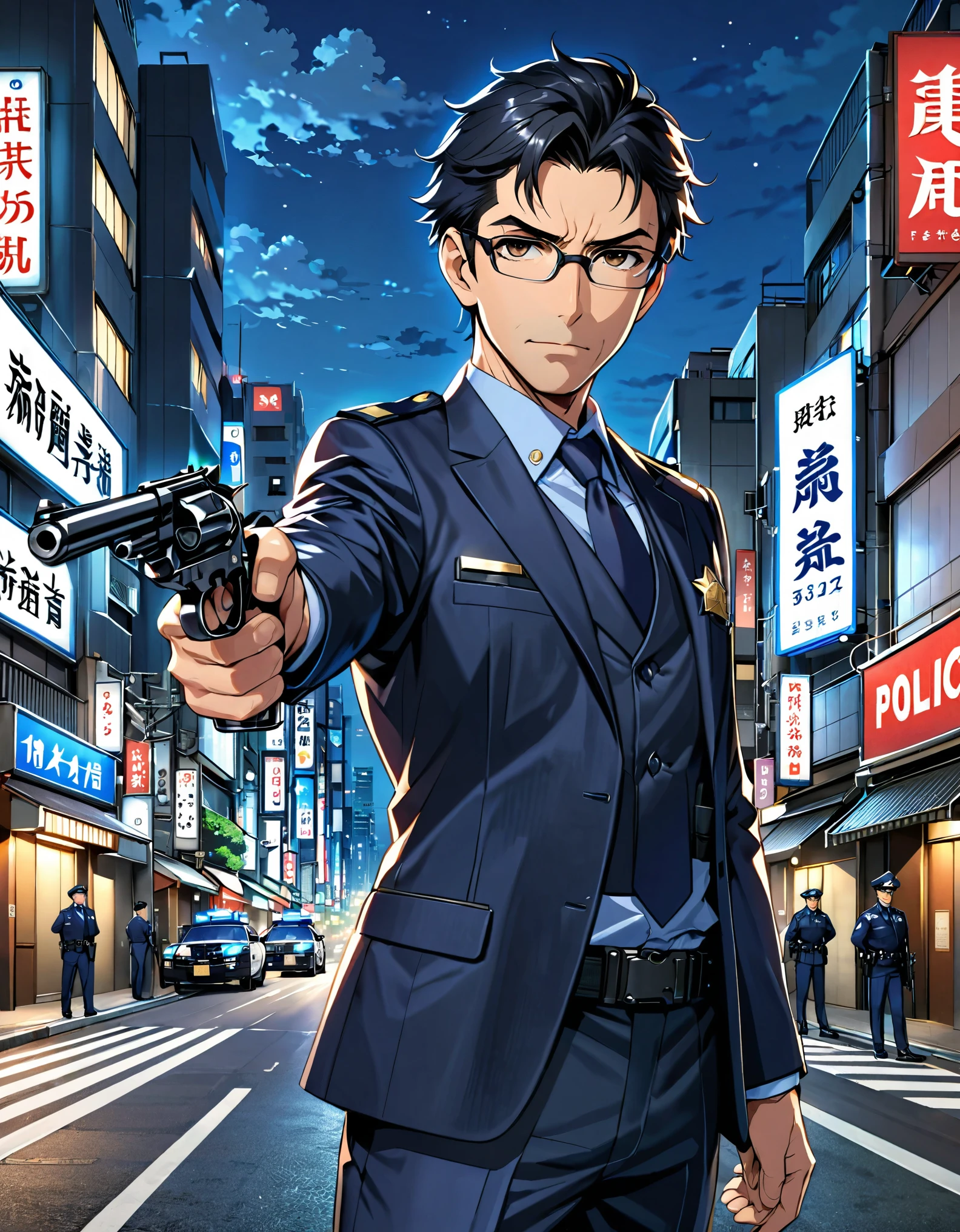(masterpiece), (best quality), (high res), 1man, solo, solo focus, (middle-aged adult, age fifty-two, light facial wrinkles, medium-fit build), anime style, semi-realistic, Japanese policeman, suit and tie, police uniform, police captain, police commissioner, (jet black hair, short hair, low fade hair), hazel eyes, glasses, black-framed eyewear, fix hands. serious expression, looking at viewer, (holding a gun with one hand, trigger discipline, (swm29 revolver:1.1), aiming at viewer), Tokyo city street backdrop, Tokyo street backdrop, nighttime, noir atmosphere. alert, standing.
