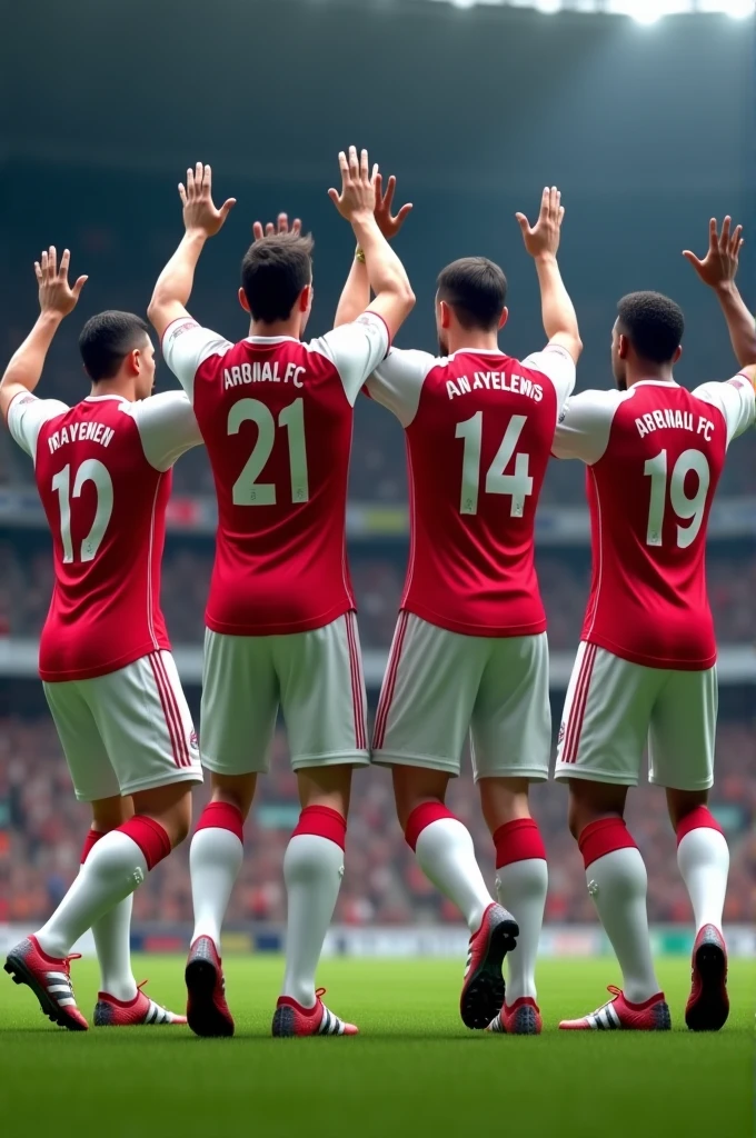 Generates 4 players celebrating a goal with their backs turned, with the Arsenal FC shirt