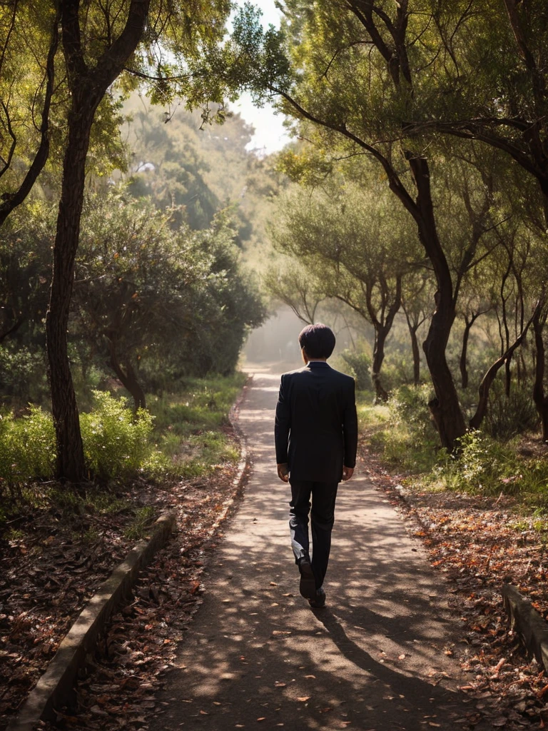 High school boy in a suit, mushroom hair, Walking alone on a dark path full of dry trees