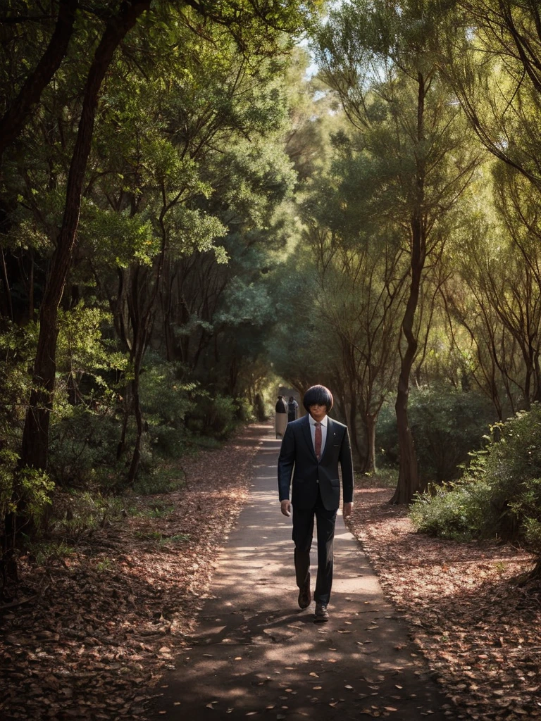 High school boy in a suit, mushroom hair, Walking alone on a dark path full of dry trees