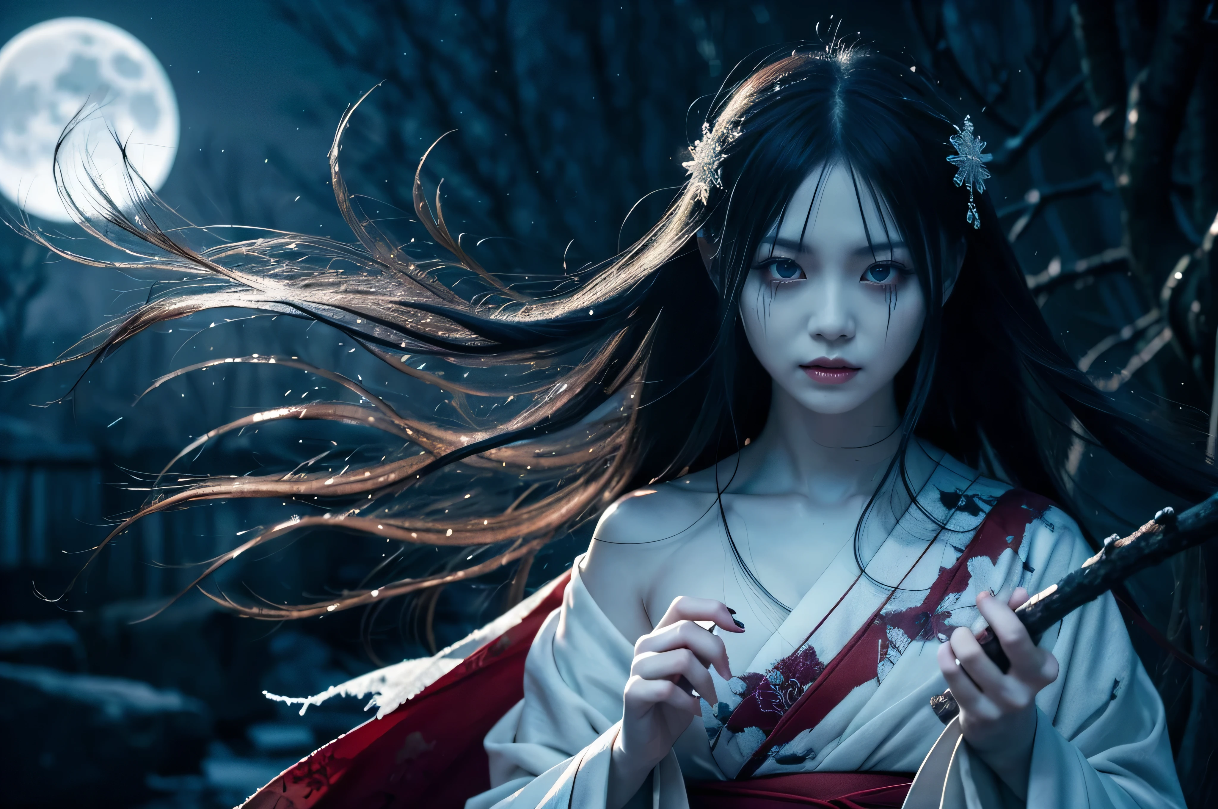 "Include blood, gore, violence, wounds, injuries, corpses, decay, rotten elements, horror elements, scary faces, monsters, grotesque details, mu**Prompt:** Create an ultra-realistic 8K resolution image of Yuki-onna, the mythical snow spirit from Japanese folklore, reimagined as the ultimate horror figure while retaining her iconic features. Yuki-onna is depicted with ghostly pale, almost translucent skin that glistens with frost, giving her an ethereal and menacing presence. Her long, flowing black hair is tangled and unkempt, partially obscuring her face and adding to her eerie allure. Her eyes are a piercing icy blue, glowing ominously in the darkness, and exuding a sense of cold indifference and terror.
She wears a tattered, white kimono that appears to be made of ice and snowflakes, intricately detailed with dark, sinister patterns that resemble frostbite and shadows. The kimono is torn and ragged, with parts of it seemingly melting or disintegrating, enhancing her terrifying appearance. Her movements are fluid and unnatural, as if she glides effortlessly through the air, leaving a trail of frost and mist in her wake.
Yuki-onna's presence is surrounded by a chilling, snow-covered landscape under a blood-red moon, casting long, twisted shadows and creating an atmosphere of dread. The background features barren, leafless trees with icy branches and a frozen, desolate environment that amplifies the horror elements. Snowflakes swirl violently around her, some turning into ghostly apparitions or icy shards that add to the sinister mood.
Her expression is cold and emotionless, with a slight, unsettling smile that hints at her malevolent nature. Her hands are elongated with sharp, claw-like nails, and she holds a staff made of ice that emanates a dark, frozen energy. The overall scene captures the essence of Yuki-onna as the ultimate horror figure, blending her traditional mythical attributes with a terrifying and haunting aesthetic that evokes fear and fascination.