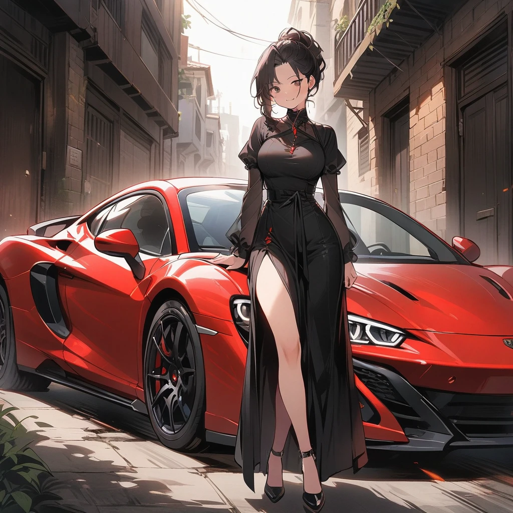 (masterpiece, best quality:1.2), （Q version comics，cute cartoon:1.2）in dark alley，Mother Hao（Black hair and black eyes，Masked，Handsome black wavy hairstyle:1.2），（Delicate face，Wearing all black trench coat，Wearing high heels:1.2），（3，Sexual Gray is prevalent:1）Driving a red convertible sports car（The front of the sports car made a smug expression:1.2），Interior view，Front view，Clear and complete picture，Smooth lines
