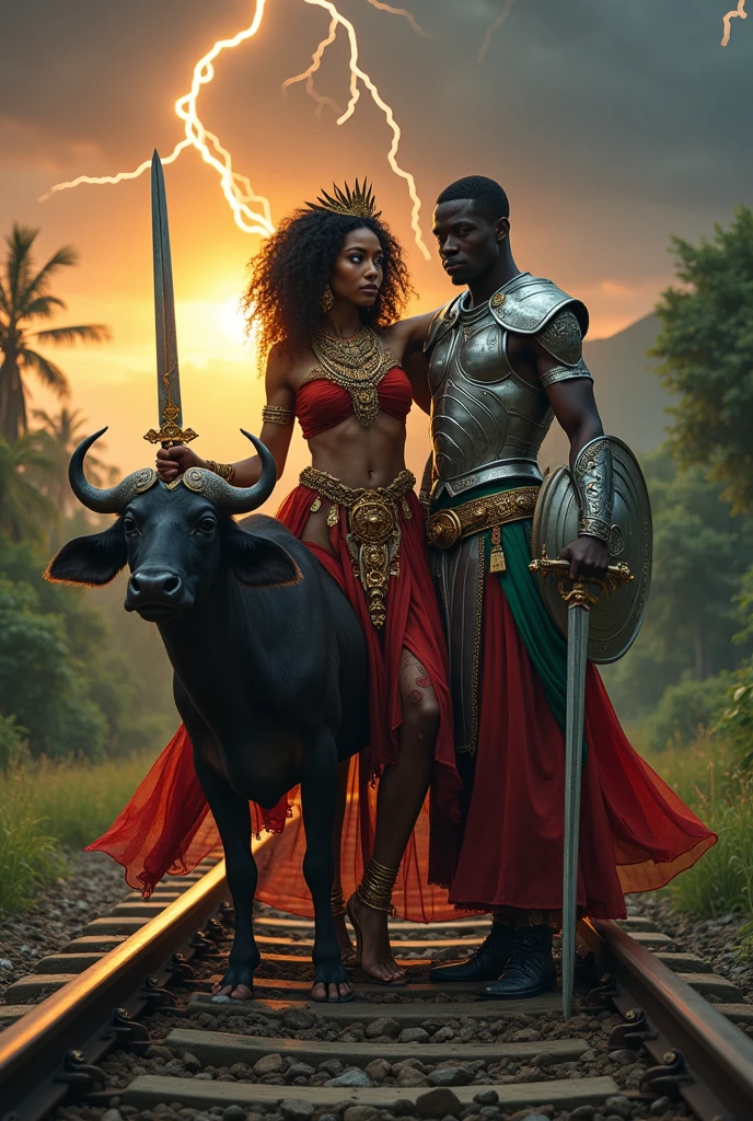 a female goddess of African ethnicity with black, curly hair, wearing a red dress, with a Golden Crown on his head, copper bracelet and neck jewelry, leaning on a standing buffalo, In one hand the woman holds a sword whose blade has the design of a lightning bolt, the sword is made of silver. On the right side of this woman, There is an old train track on the floor and an African ethnic god dressed in silver Greek-style armor., wearing a green and red gown underneath, he holds a silver sword in one hand and a mystical silver shield in the other hand. The man has small signs of vitiligo on his arms. The scene takes place in a forest biome and in the background the sun sets but you can see lightning falling from the sky..
