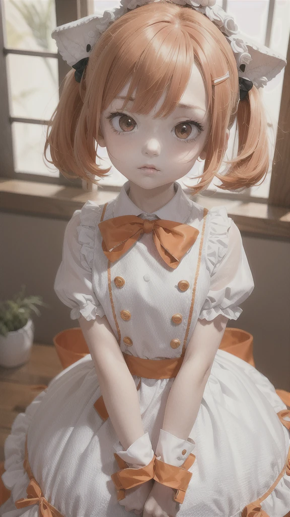 best quality, masterpiece,Orange hair, Orange eyes,white clothes, Arms crossed , Pouting face,Uniform with a big ribbon on the chest , looking up, upper body,hair strand,Fair skin,Three hair clips, Hair cut evenly across the forehead, Shoulder-cut hair, A birthday cake hat on his head, Three-line hair clip, Big ribbon on the back