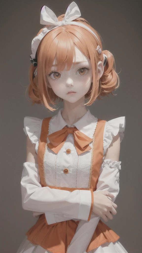 best quality, masterpiece,Orange hair, Orange eyes,white clothes, Arms crossed , Pouting face,Uniform with a big ribbon on the chest , looking up, upper body,hair strand,Fair skin,Three hair clips, Hair cut evenly across the forehead, Shoulder-cut hair, A birthday cake hat on his head, Three-line hair clip, Big ribbon on the back