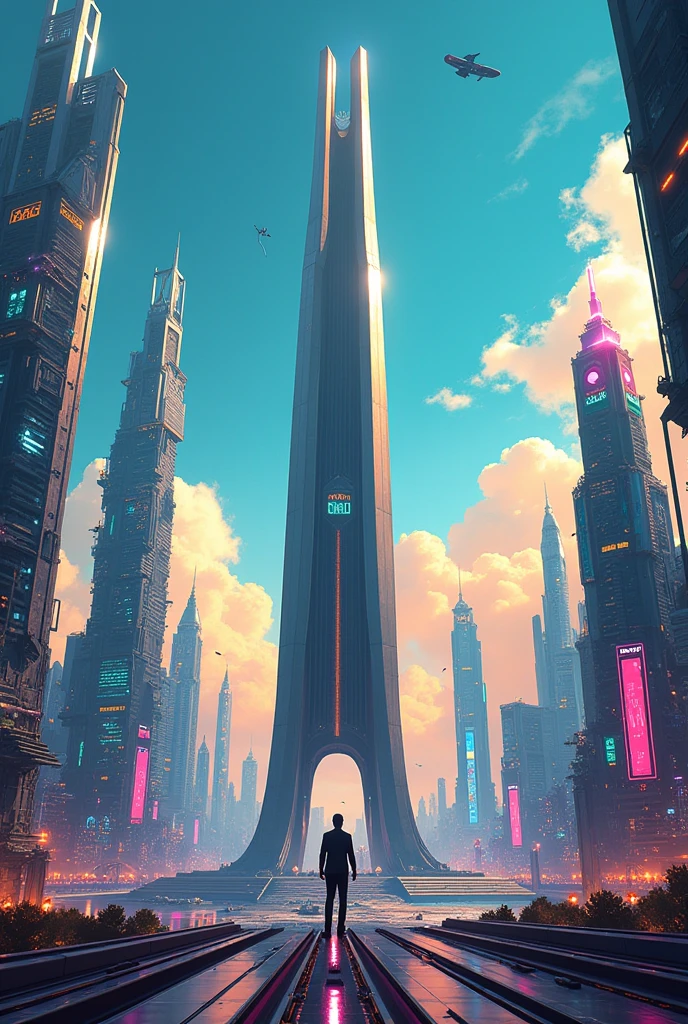 Create an illustration of a modern futuristic city with a monument of President López Obrador in the center. big tall buildings in the cyber future, cyberpunk