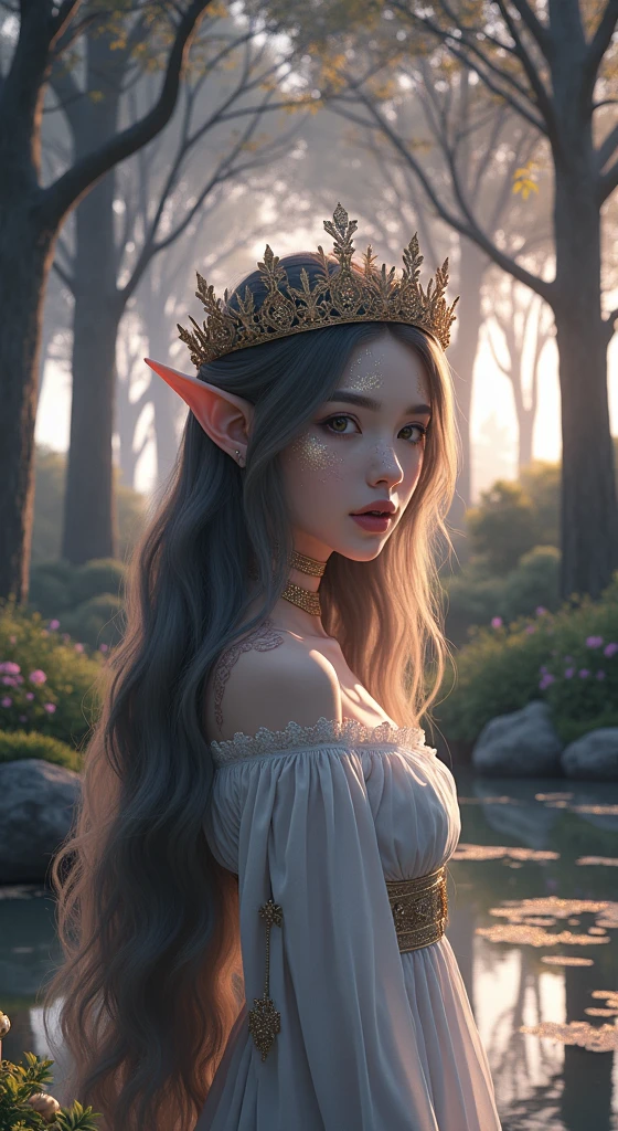 A 3D render of a modern anime style European elf woman with intricate, filigree-style tattoos on her face. She has long, wavy hair and wears a crown adorned with leaves. The elf woman is standing near a fairy pond in a forest during the evening. The background contains tall trees with leaves that shimmer in the soft light. The scene is drawn with ultra-realistic details, using the schlieren method and diamond spraying techniques. The overall image has a radiance and glitter effect.