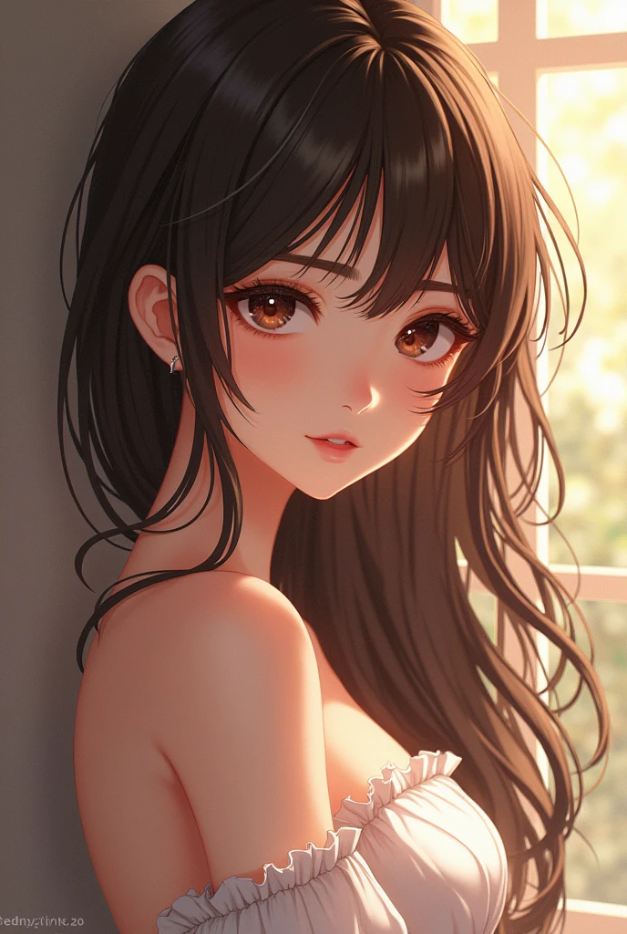 female character, eyes browns, dark hair and brown skin, anime styling