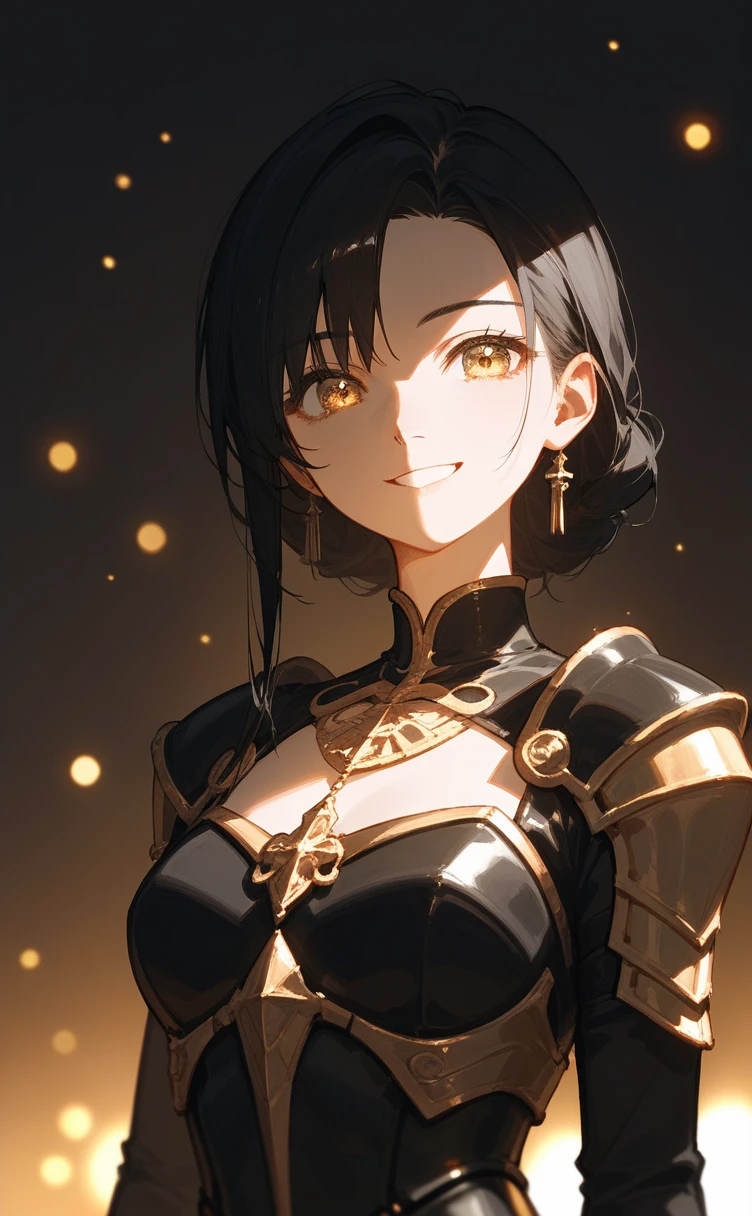 score_9,score_8_up,score_7_up,source_anime,year 2023,1girl,solo,gold and black theme,strong picture,upper body,warm smile,long black hair,black dress,armor,{{{delicate and beautiful golden eye}}},underlighting,bokeh,blurry background,strong visual impact,film lighting,