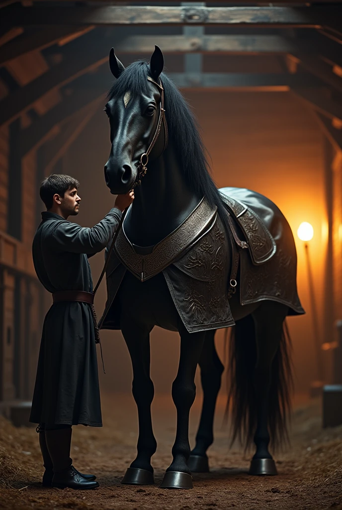 depict a black stallion in heavy armor, gracefully stood silently, prepared to go to war, the stableman give it a final groom before going to the battlefield. the armor on the horse body is gleaming with the reflection of the lamp in the stable at night