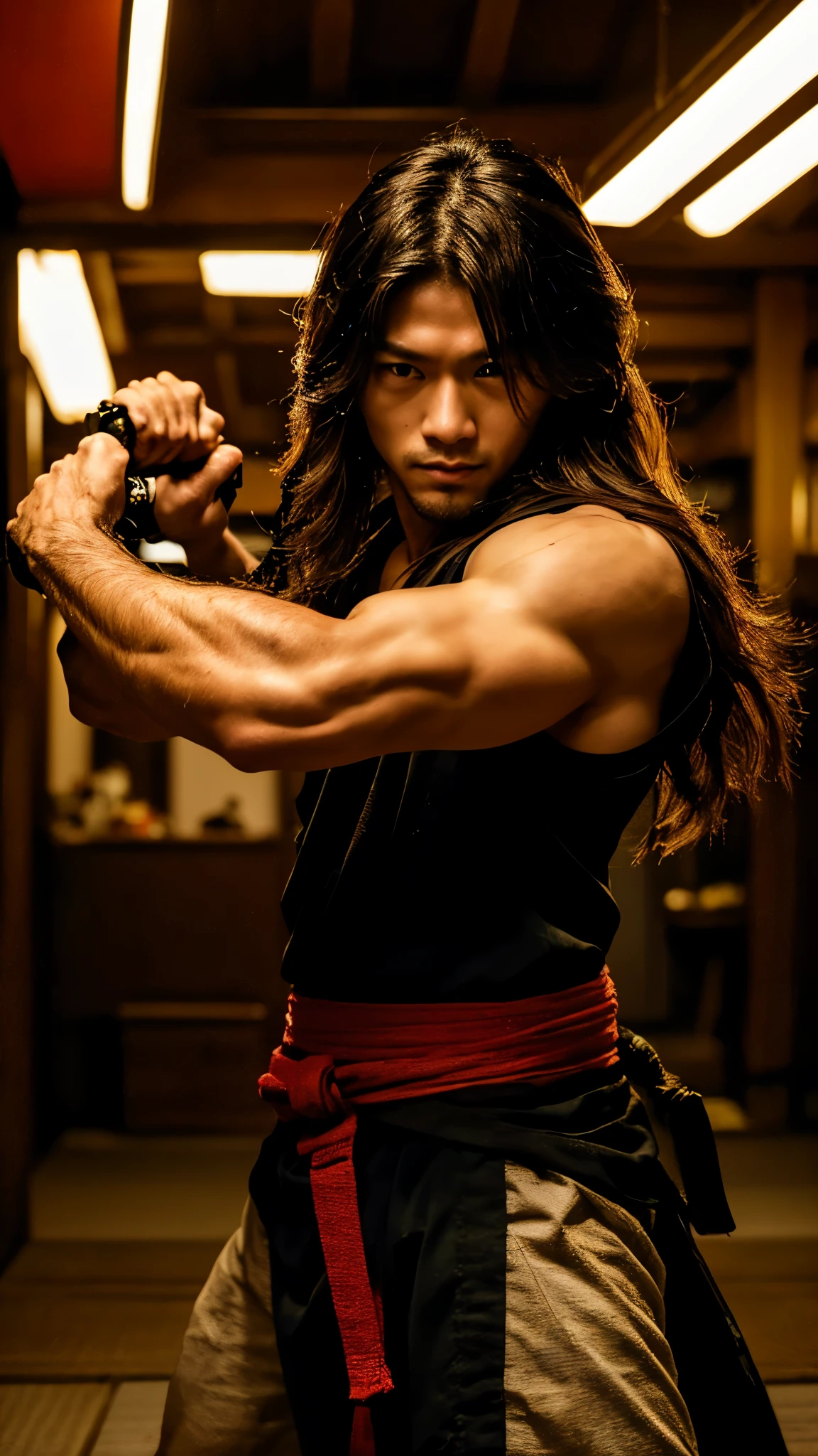 Young Samurai, please stretch your arms, Hold a sword in each hand, Accurate arm and hand detailing, Realist:1.3,( fPhoto, Realist, 8k, RAW Photos, Premium Quality, masterpiece, Great lighting, Centered Images, From head to toe), (Dynamic Movement, Dynamic Fighting,), (2 Knives), Fight with two swords, whole body, (Disheveled brown long hair), (Handsome Japanese young man, 1, Be confident、Trained muscles., Wildman and his body in perfect detail), View your viewers, cyber punk, Warrior, Tokyo, Shibuya Ward,