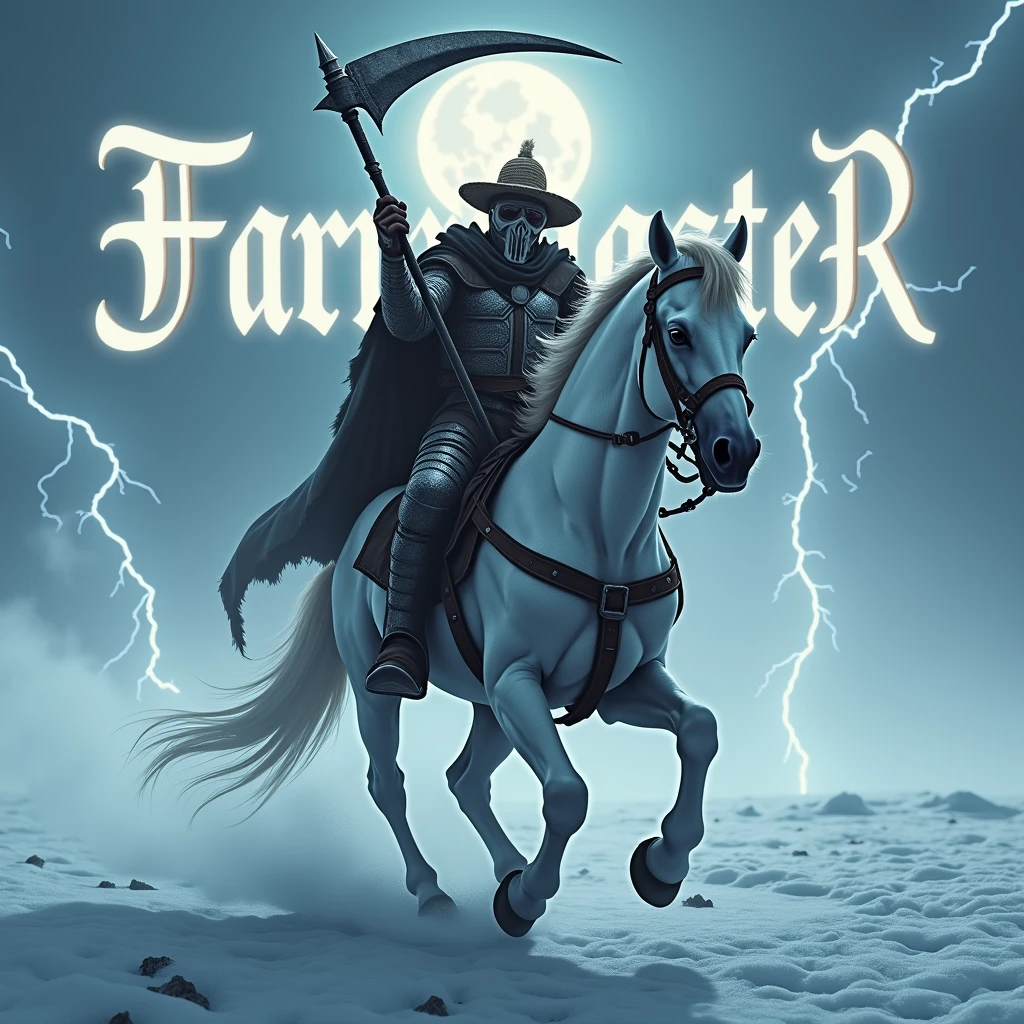 A realistic, ultra-detailed photograph of a male farmer warrior, wearing iron and cloth armor and an intimidating mask and  straw hat. Determinedly grabbing a scythe-like weapon, he charges across the ice with his horse, as vibrant lightning flashes light up the entire photograph, enhancing his fierce pose. The name “FarmMasteR” is displayed prominently in gothic letters behind him, illuminated by the glow of the moon.
