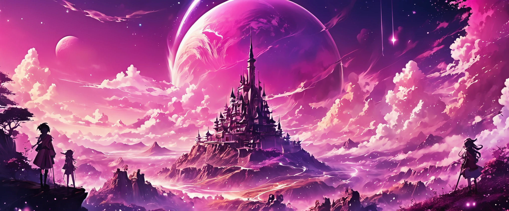 anime fantasy world magic full color,imaginary world,Pink tones