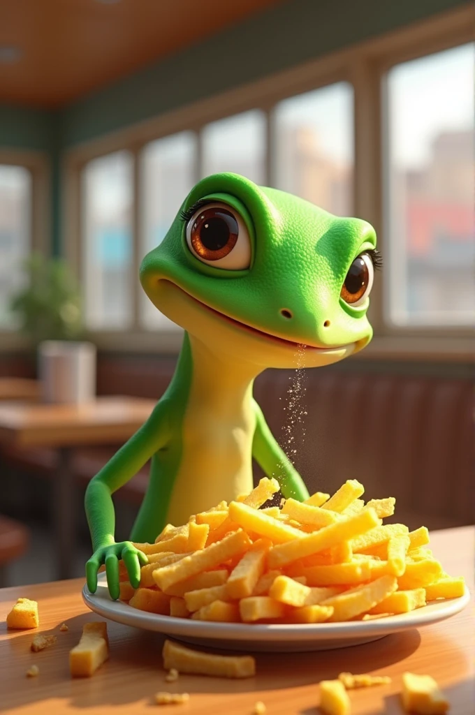 An animated lizard eating French fries 