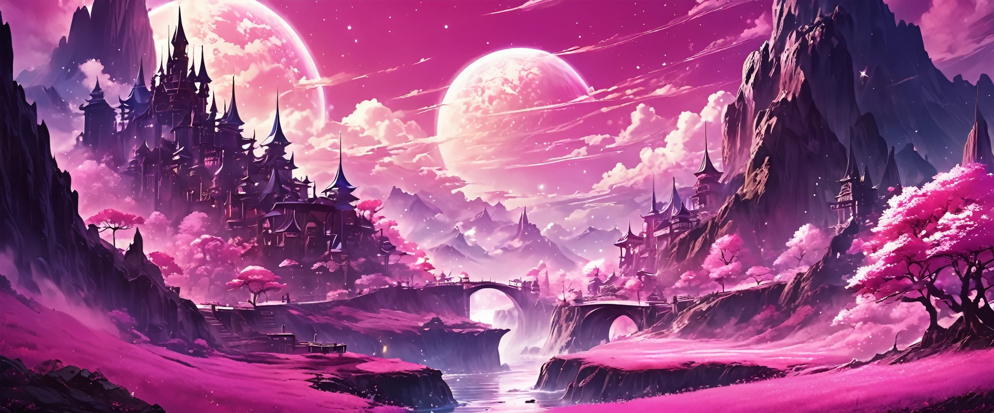 anime fantasy world magic full color,imaginary world,Pink tones