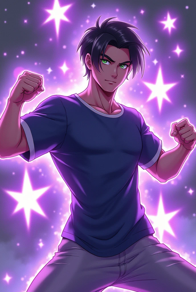 A half-strong white adult boy with a short, straight black quiff, green eyes a dark blue t-shirt with white details tucked into gray pants, 5 large purple shining stars around it, fighting position, arms with purple aura