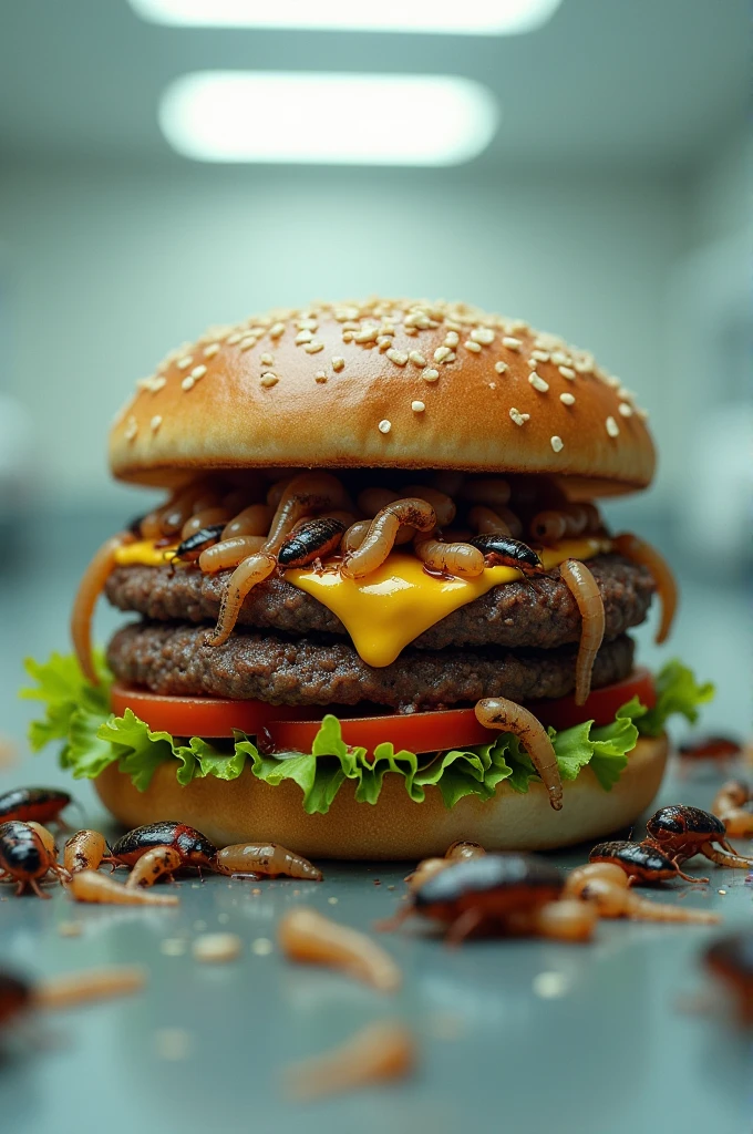 A burger with maggots and cockroaches in it as an advertisement for a fast food restaurant