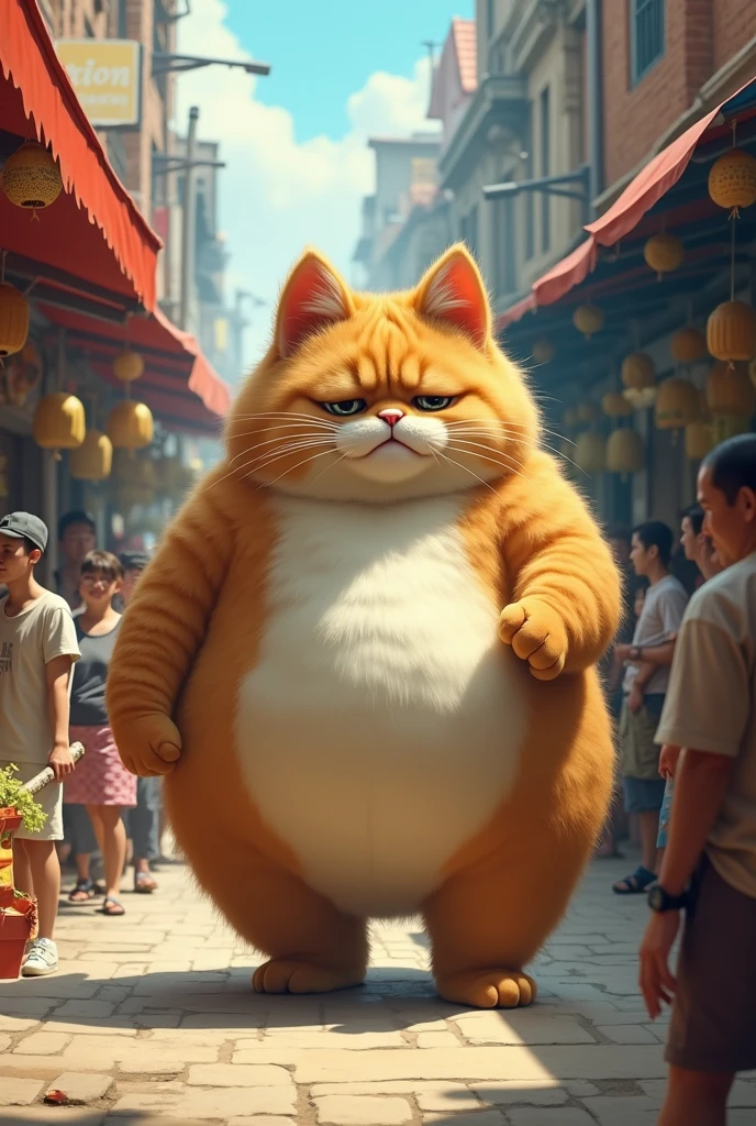 A huge chubby cat walking in the busy market he is sad because people are laughing at him