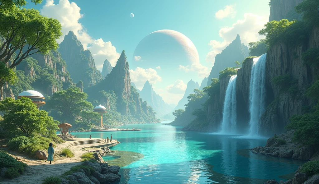 VIEW FROM THE WATER in isometric perspective. Immerse yourself in a paradise world, enlightened and rich, where the purity of the air and the cleanliness of the environment create an atmosphere of unparalleled serenity. A large nearby planet adorns the crystal-clear sky, complementing the natural beauty of the landscape. Majestic waterfalls flow constantly, serving as the heart of this paradise. The inhabitants of this world, beings similar to humans but more beautiful, tall and elegant in their walk, They live in perfect harmony with nature. Their R Style homes. h. Giger, They are mega futuristic, They are perfectly integrated into the natural environment, merging with the flora and fauna that surrounds them. the sun shines brightly, making the waters sparkle with an almost magical glow. The temperature is ideal, further beautifying the air, while the inhabitants of this place enjoy an eternal and happy existence. The film presents an intricate and harmonious landscape, Captured in a hyper-realistic high-resolution image at 8K. every detail, from artifacts to natural elements, It is highly defined and focused, revealing the perfection of this alien paradise. The cinematography uses a superior wide-angle lens with the maximum possible aperture., allowing every aspect of the scene to be captured with stunning clarity and depth. The lighting is carefully designed in a professional film studio, ensuring that every corner of the stage shines with an ethereal light that enhances the beauty and peace of this world.. "Eternal Harmony" It is a visual journey to an alien paradise, a place where the perfection of nature and the harmony of its inhabitants create a world that seems to be out of time. This idyllic setting invites us to reflect on the beauty of a life lived in harmony with the environment., a reminder of what can be achieved when technology and nature