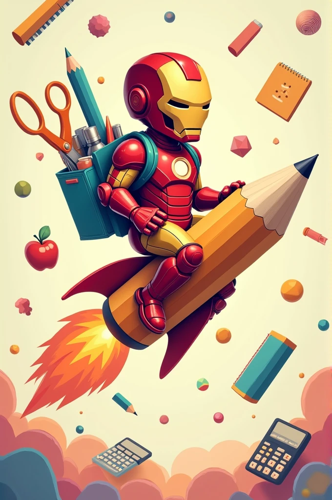 Crée une illustration vecteur d’un personnage en fantaisiste deguiser en super-héros ' IRON MAN' de Marvel monté sur un crayon géant comme une fusée. Le personnage est équipé de fournitures scolaires telles que des ciseaux, une règle et des gommes attachées à son dos, prêt pour une aventure éducative. L’arrière-plan est rempli de divers objets scolaires comme des calculatrices, des cahiers et des formes géométriques flottant dans un espace aux couleurs pastel douces pour évoquer un environnement d’apprentissage ludique et créatif.