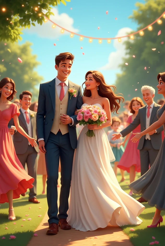 happy couple on their wedding day with guests around them happily dancing