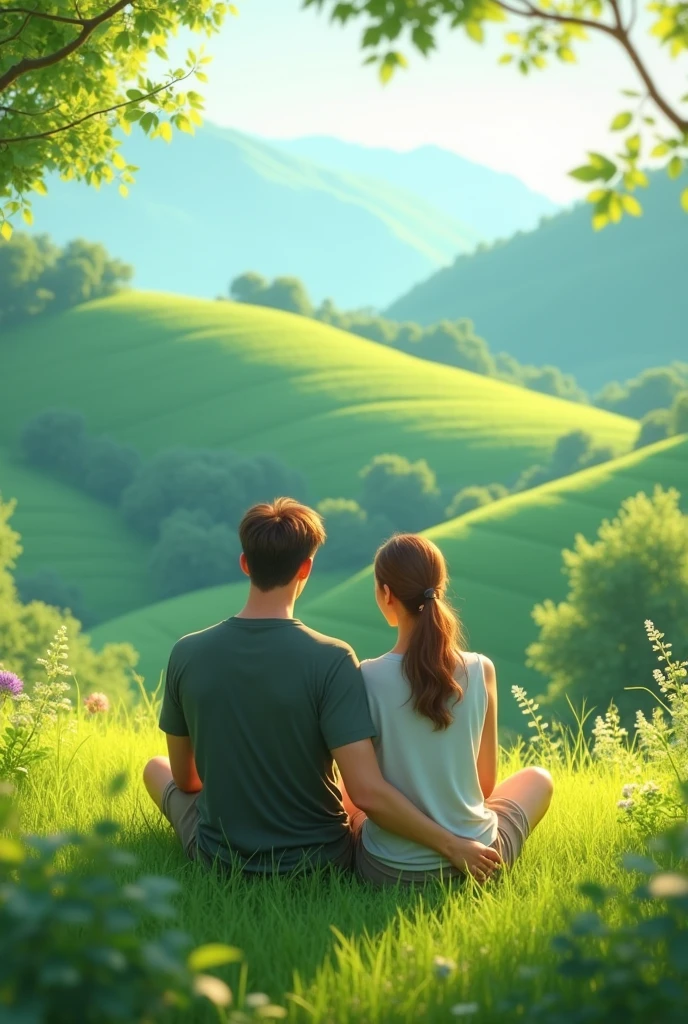 A couple seating on hill with beautiful greenery background