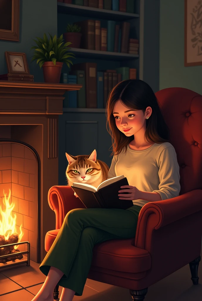 Lily and Whiskers settle into their favorite reading spot.
- Lily starts reading aloud from the book.
- The fire crackles softly, providing warmth and a gentle glow.