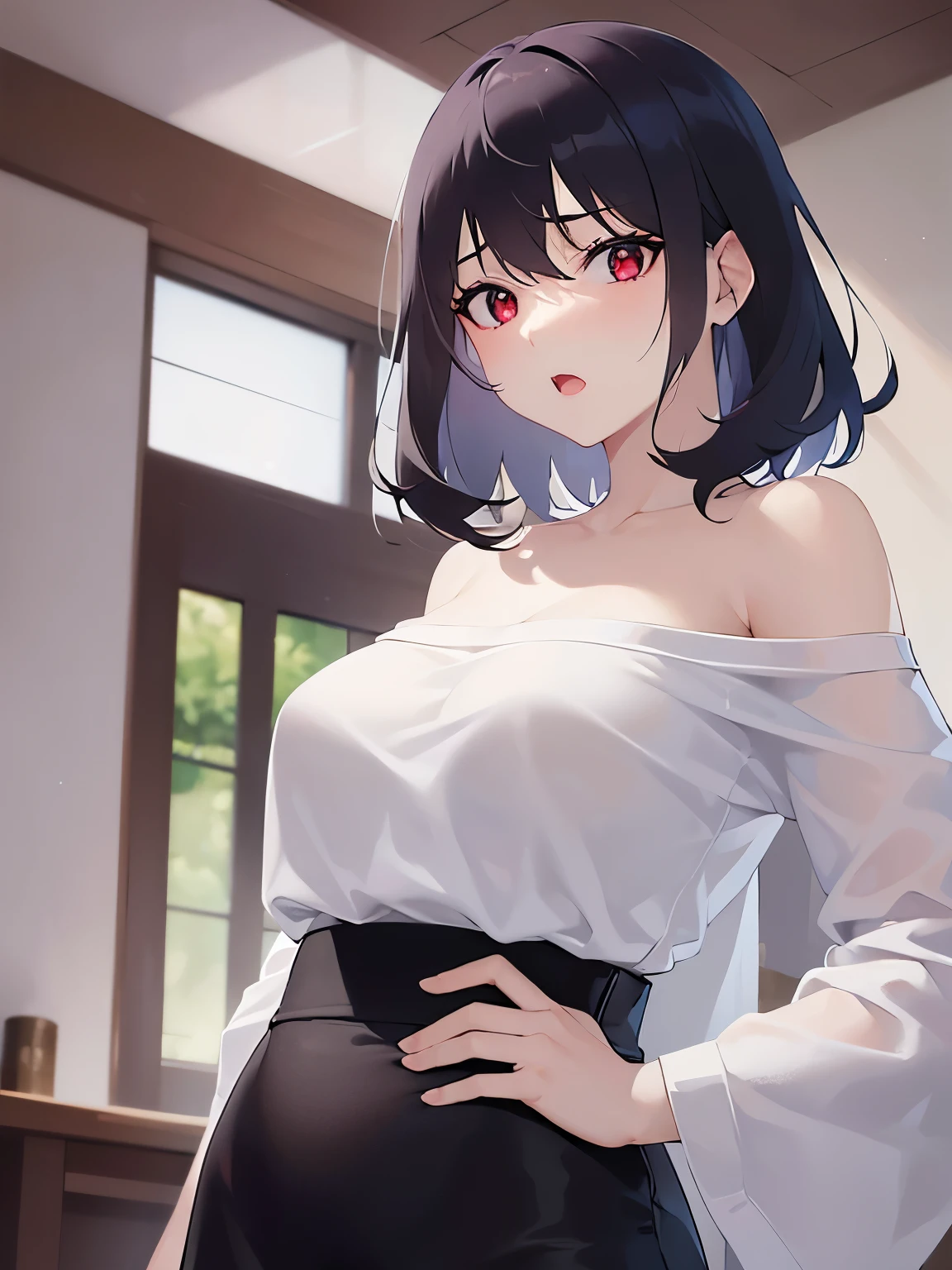 Shooting from below、(hand on own hip:1.2)、 Biologically correct five fingers、mature female、big breasts, Upper Body, (pale skin:1.2), shiny skin, shiny hair、(A woman in her 40s) and (bob cut) and (wavy hair) and (hair between eyes) and (black hair) and (red eyes), (white) and (off shoulder blouse) 、angry, open mouth, Alone、Are standing、The background is the living room