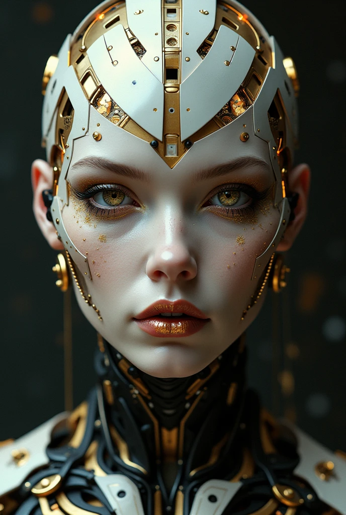 A hyper-realistic portrait of a futuristic woman with smooth, pale skin, her head adorned with intricate golden cybernetic implants. Her eyes are striking with metallic gold irises and detailed golden circuitry surrounding them, enhancing her intense gaze. Her lips are painted with a metallic copper-gold color, matching the golden components that are embedded in her face. The lower part of her face and neck are covered in a complex network of black and gold mechanical elements, giving her a powerful and enigmatic presence. The background is dark, with subtle hints of metallic reflections, further emphasizing her futuristic and regal appearance.