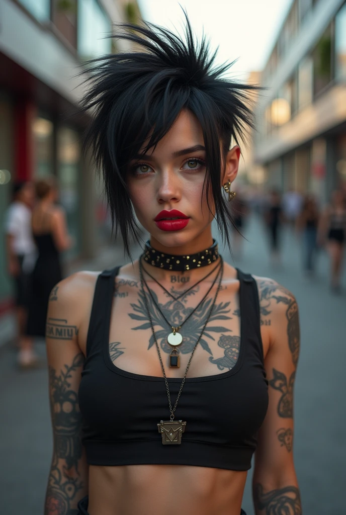 (premium、8k、32K、masterpiece、NffSW:1.3)、(photorealistic:1.4),1 punk girl,A detailed eye、detailed lips,Crazy Punk Hair,Moda punk radical,Tank tops crazy makeup、a pink hair,、tattoos on the body,、street background、backlight effect、Depth of fields,blurred background