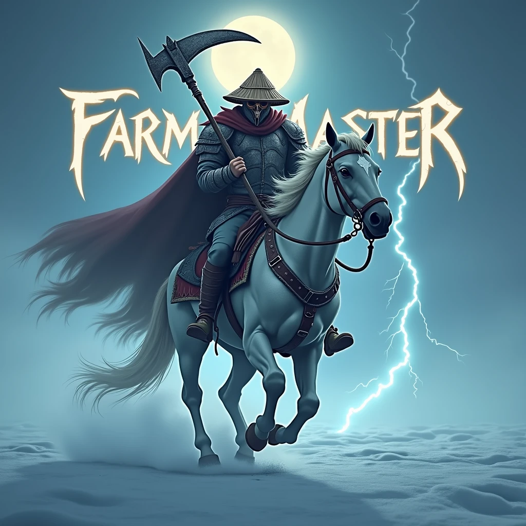 A realistic, ultra-detailed photograph of a male farmer warrior, wearing iron and cloth armor and an intimidating mask and  straw hat. Determinedly grabbing a scythe-like weapon, he charges across the ice with his horse, as vibrant lightning flashes light up the entire photograph, enhancing his fierce pose. The name “FarmMasteR” is displayed prominently in gothic letters behind him, illuminated by the glow of the moon.
