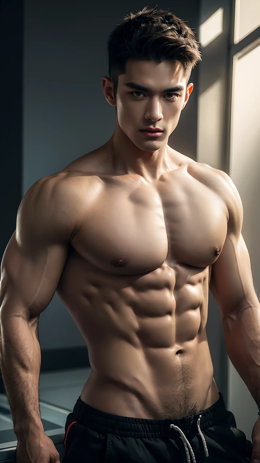 a shirtless male model with a hot and sexy mangga look, chiseled jawline, piercing eyes, full lips, muscular physique, dynamic pose, dramatic lighting, vivid colors, cinematic composition, (best quality,4k,8k,highres,masterpiece:1.2),ultra-detailed,(realistic,photorealistic,photo-realistic:1.37),studio lighting,extreme detail description,professional