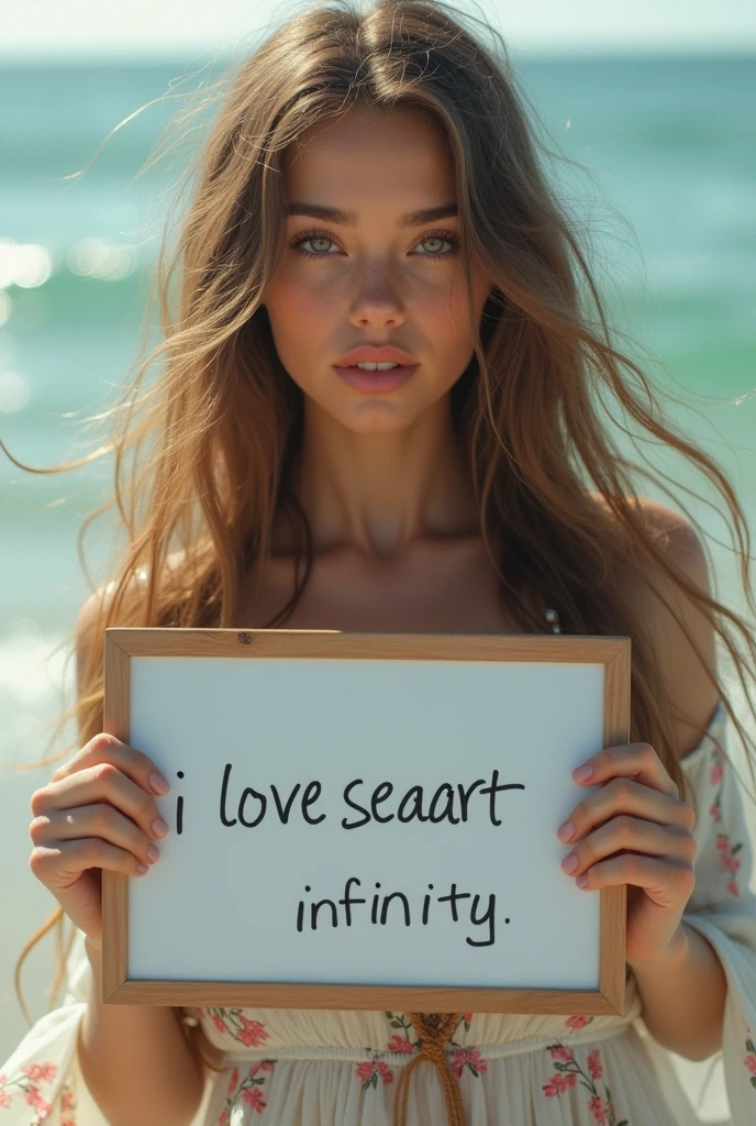 Beautiful girl with wavy long hair, bohemian dress, holding a white board with text "I Love Seaart Infinity" and showing it to the viewer