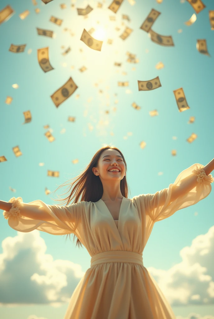 Korean actress, beautiful girl, smiling happily, looking up, spreading her arms, waiting to receive money, with a lot of money falling from the sky.