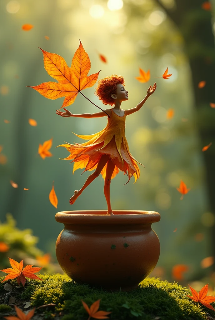 A whimsical miniature figure composed of delicately arranged autumn leaves, poised in a carefree dance on the rim of a weathered, moss-covered terracotta pot, set against a lush, vibrant forest backdrop, where dappled sunlight filters through the canopy above, casting intricate shadows. The overall aesthetic is ethereal, with warm, earthy tones of sienna, umber, and olive green, infused with hints of emerald and golden light, evoking a sense of wonder and enchantment, as if plucked from a fantastical realm.
