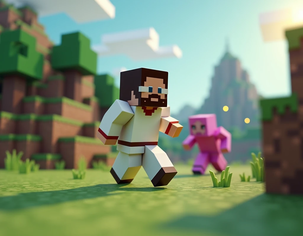 We need an image that is similar to minecraft in which a jesus is chasing an entity jesus minecraft image