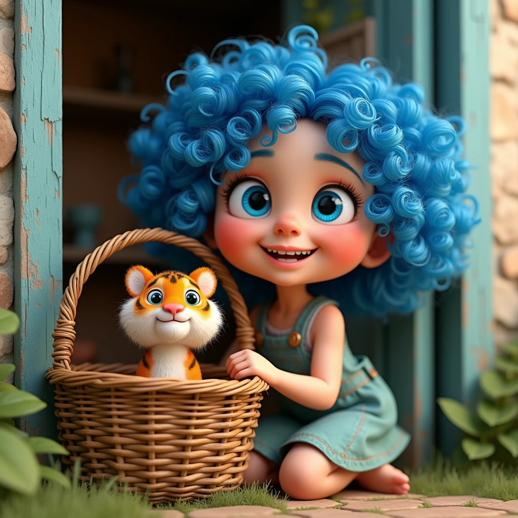 A girl with blue very curly hair and blue eyes
 with smiling lips,
Next to an old basket inside
 Little Tiger is beautiful
Putting up the door post of an old house
style 3D