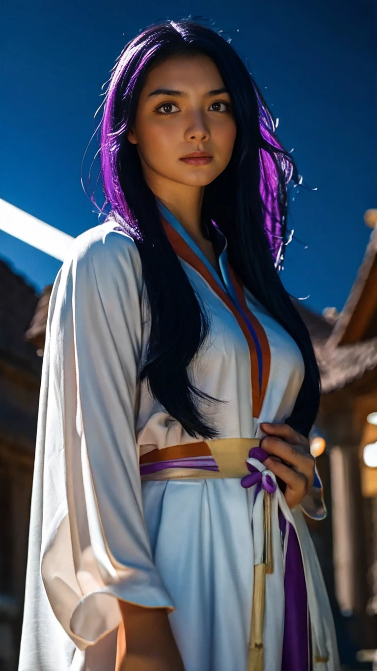 highest quality, masterpiece, high-detail, Reflects light realistically, 1 girl, Upper body, Shogun Raiden, (ulzzang-6500-v1.1:0.5), Big breasts, perfect face, Clear eyes, long-haired, purple hair, Hair Decoration, sky of lightning, night sky, Ancient building in the background, shallow depth of field, looking at the audience,